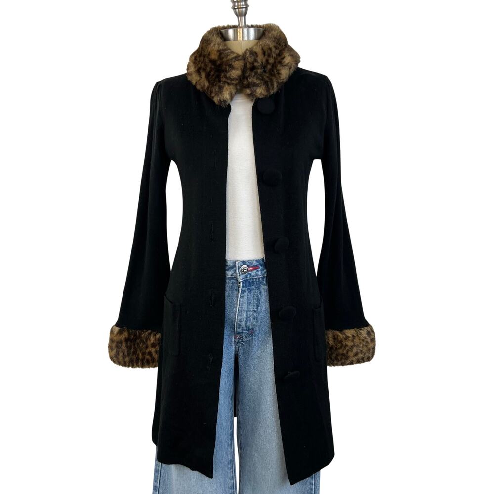 Vintage INC International Concepts Long Black Cardigan Leopard Print Fur Trim M